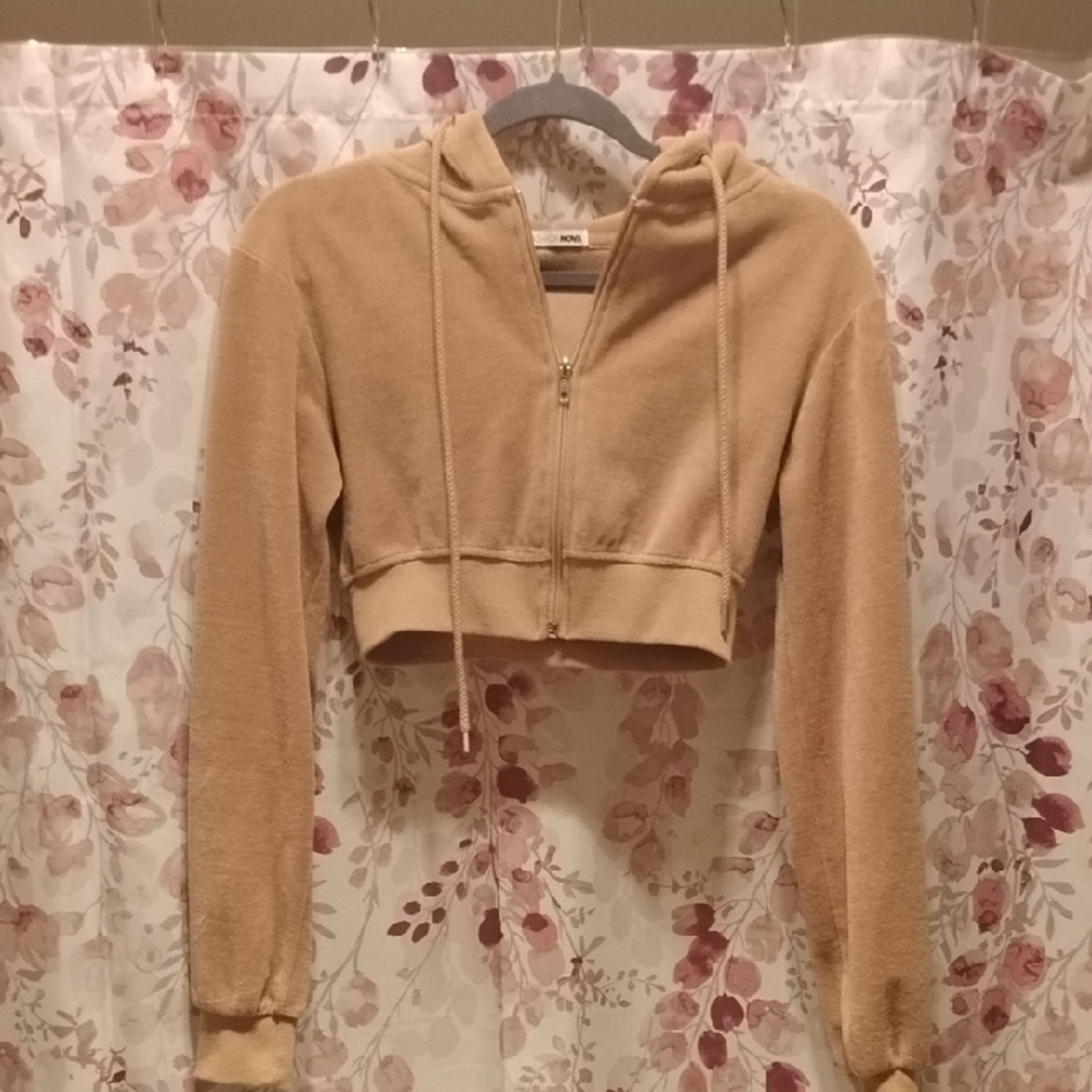 Women's Tan Velor Cropped Hoodie